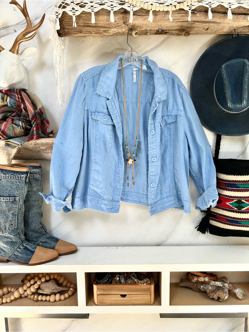 Linen Light Blue rustic edge Jacket resort vacay shabby chic coastal beach vibe